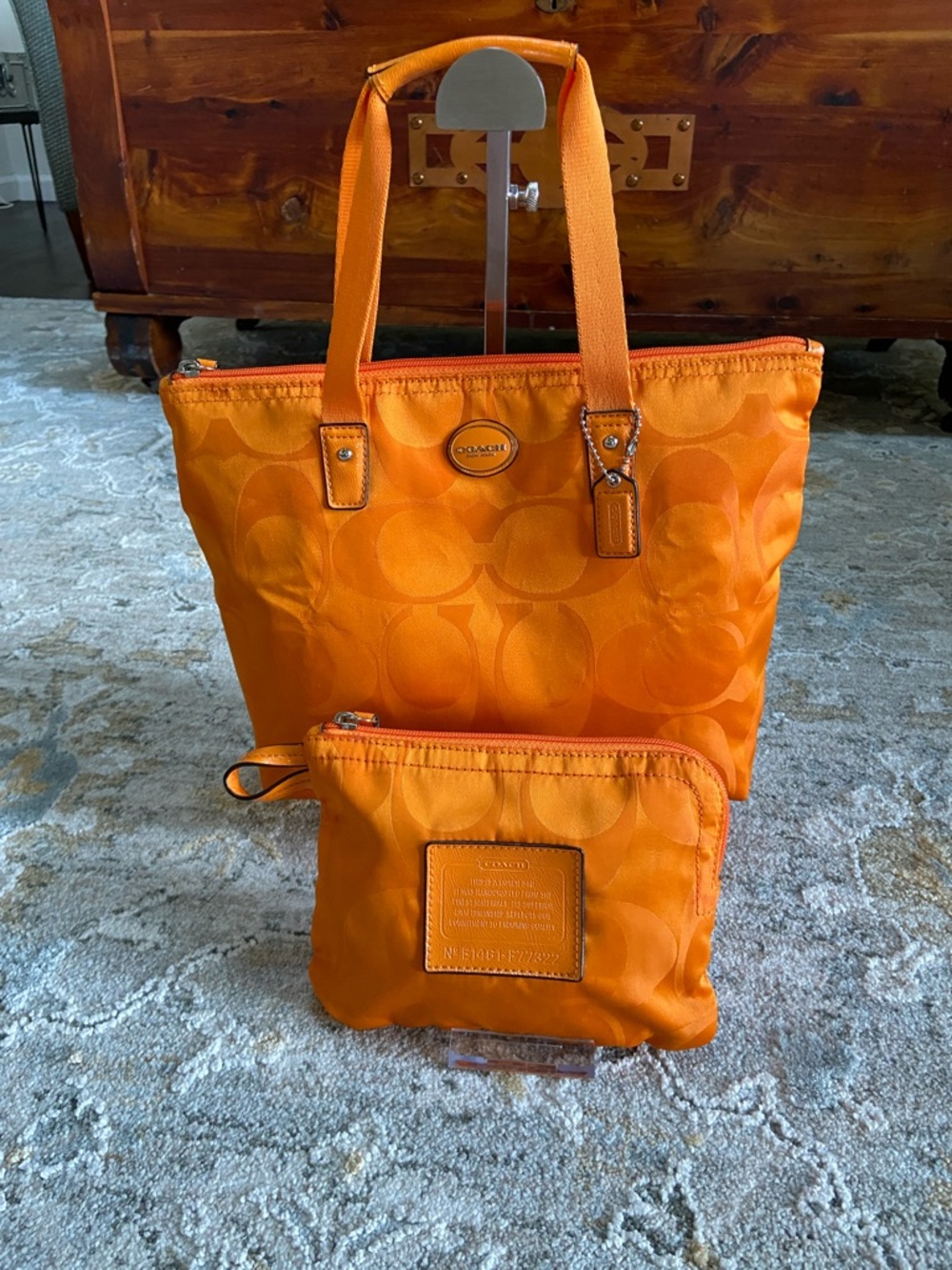 Coach 2014 Orange Nylon Getaway Foldable Tote with Matching Zip Pouch (F77322)